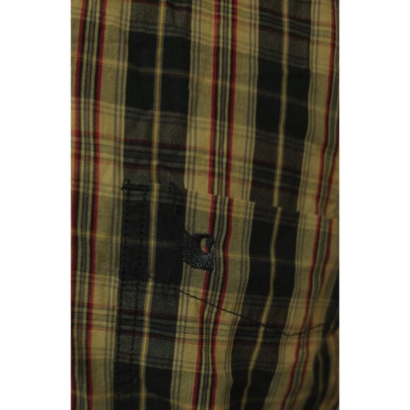 Carhartt Mens Large Black Tan Plaid Button Down Long Sleeve Logo Work Shirt S218 - Picture 5 of 12